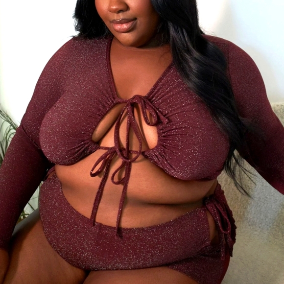 Savage X Fenty Sleep & Shine Long Sleeve Crop Tee Red Cocoa - Picture 1 of 3